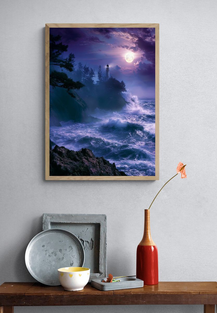 Moonlit Lighthouse Coast Poster. — room view 3