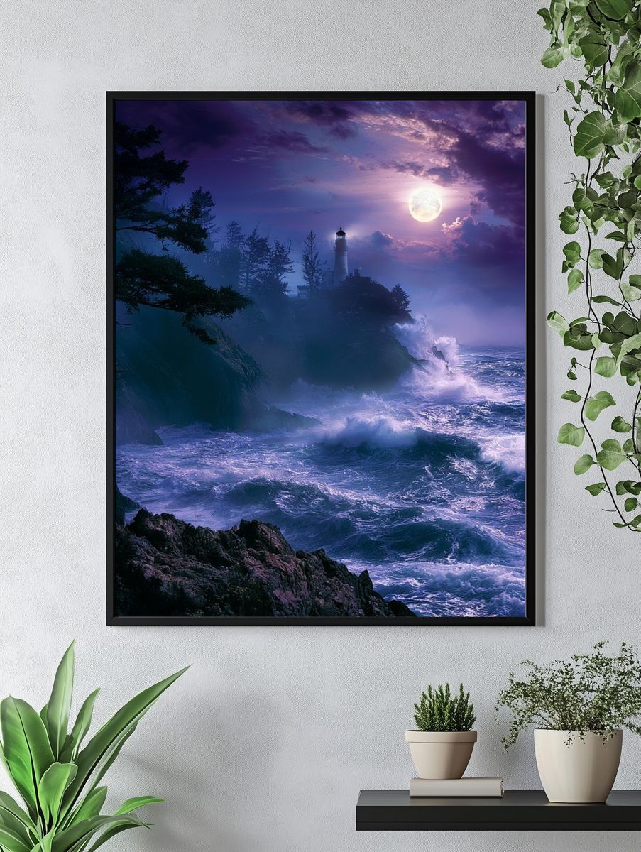 Moonlit Lighthouse Coast Poster. — room view 4