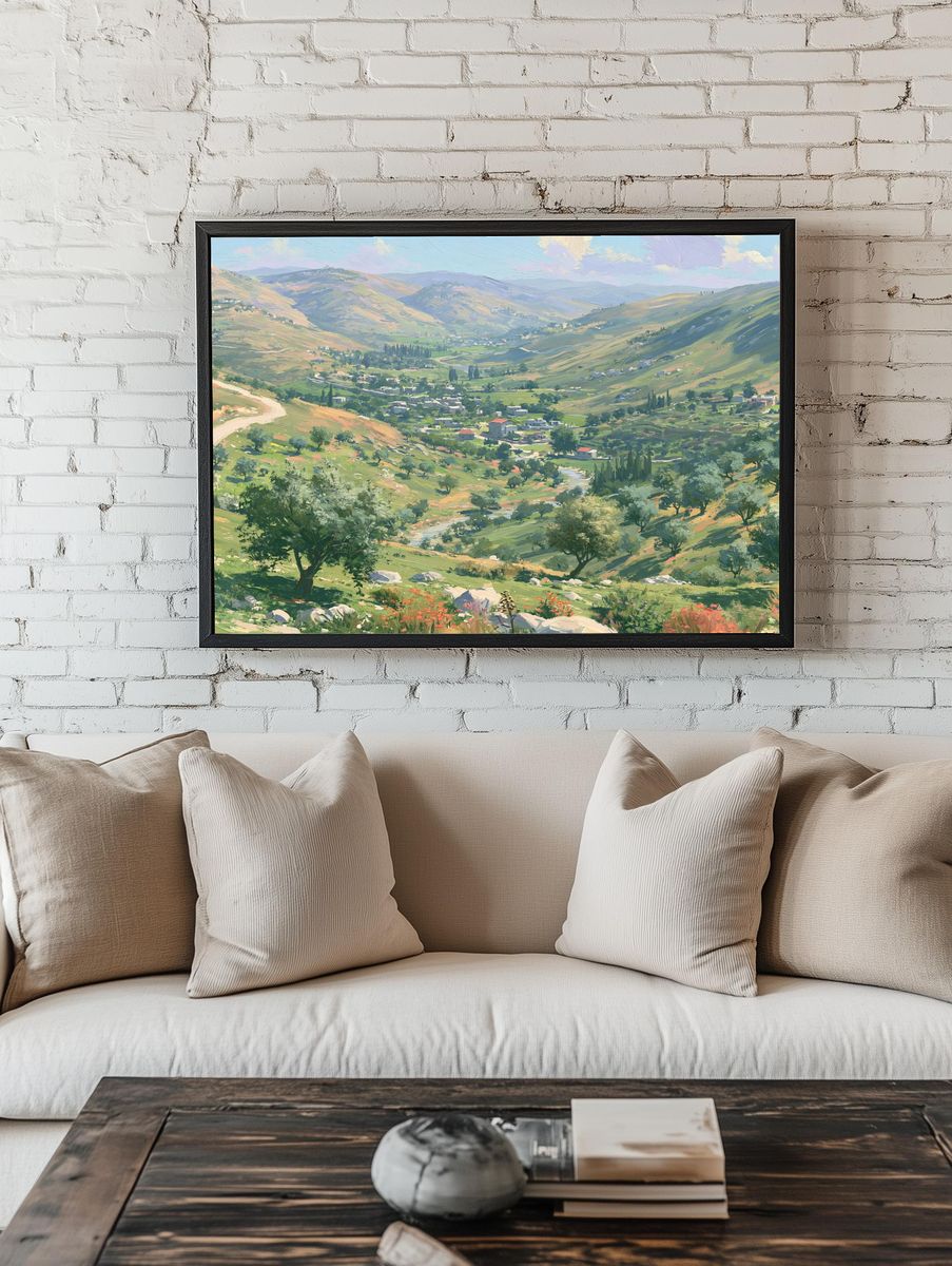 Sunlit Valley Landscape Print. room preview