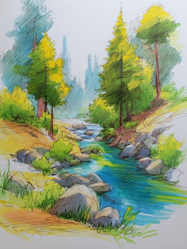 Forest Stream Watercolor Print. poster detail