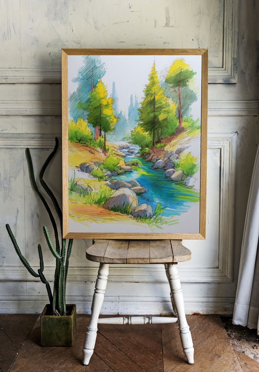 Forest Stream Watercolor Print. room preview