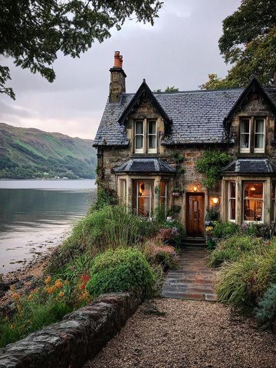 Lakeside Cottage Landscape Print. poster
