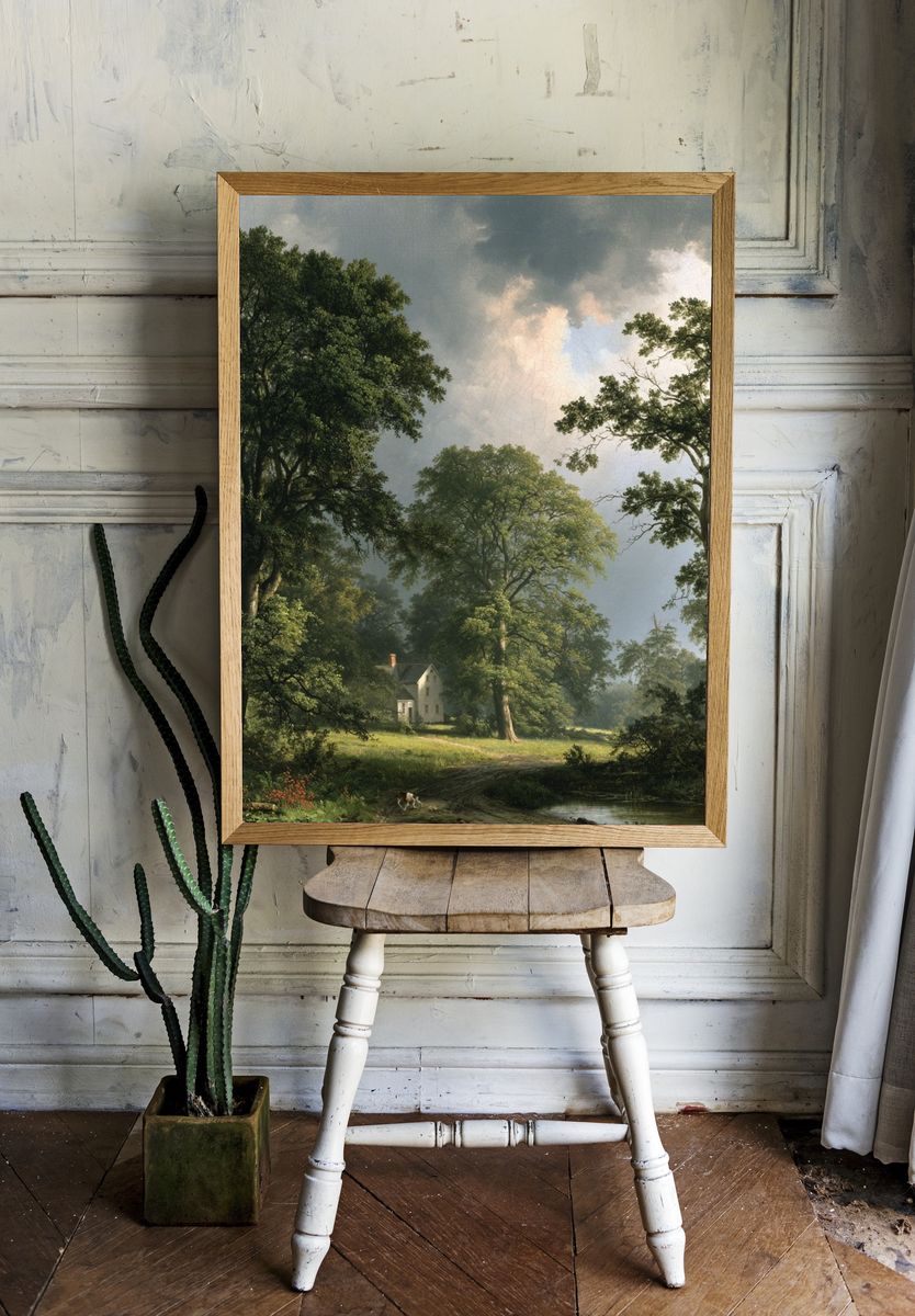 Misty Woodland Cottage Print. room preview