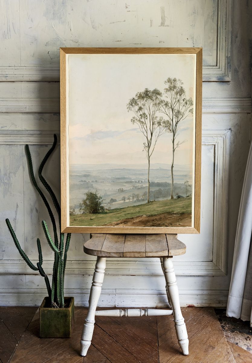 Misty Eucalyptus Landscape Print. room preview