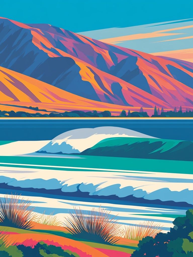 Colorful Coastal Landscape Illustration Poster. poster detail
