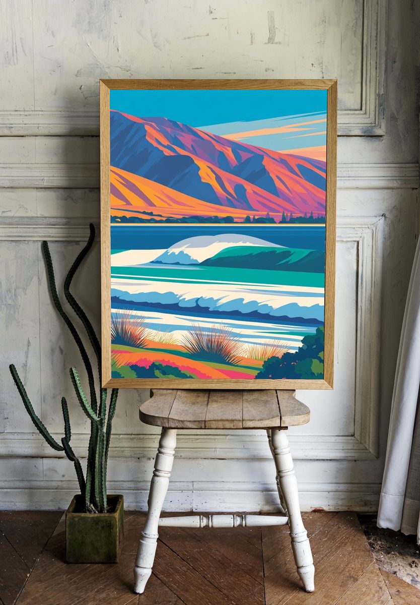 Colorful Coastal Landscape Illustration Poster. — room view 1