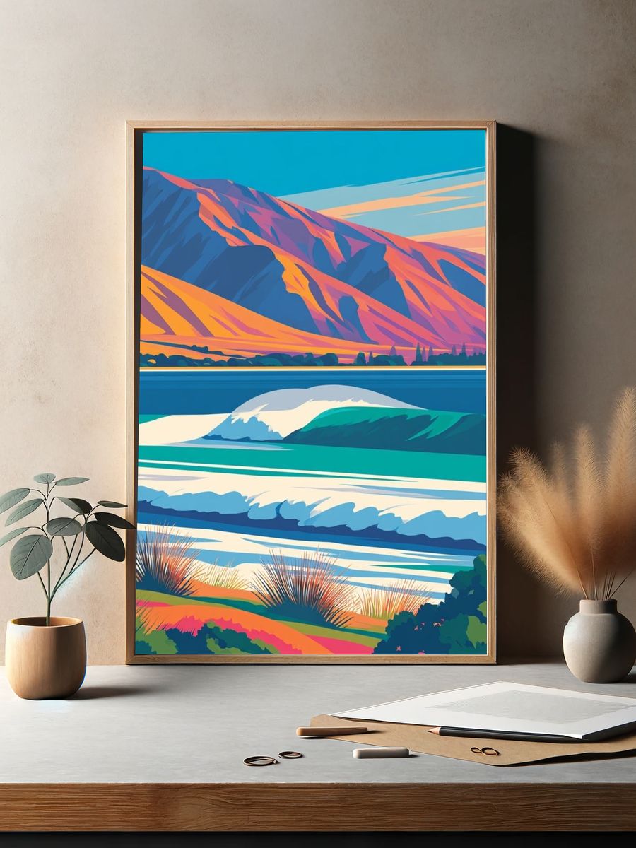 Colorful Coastal Landscape Illustration Poster. — room view 2