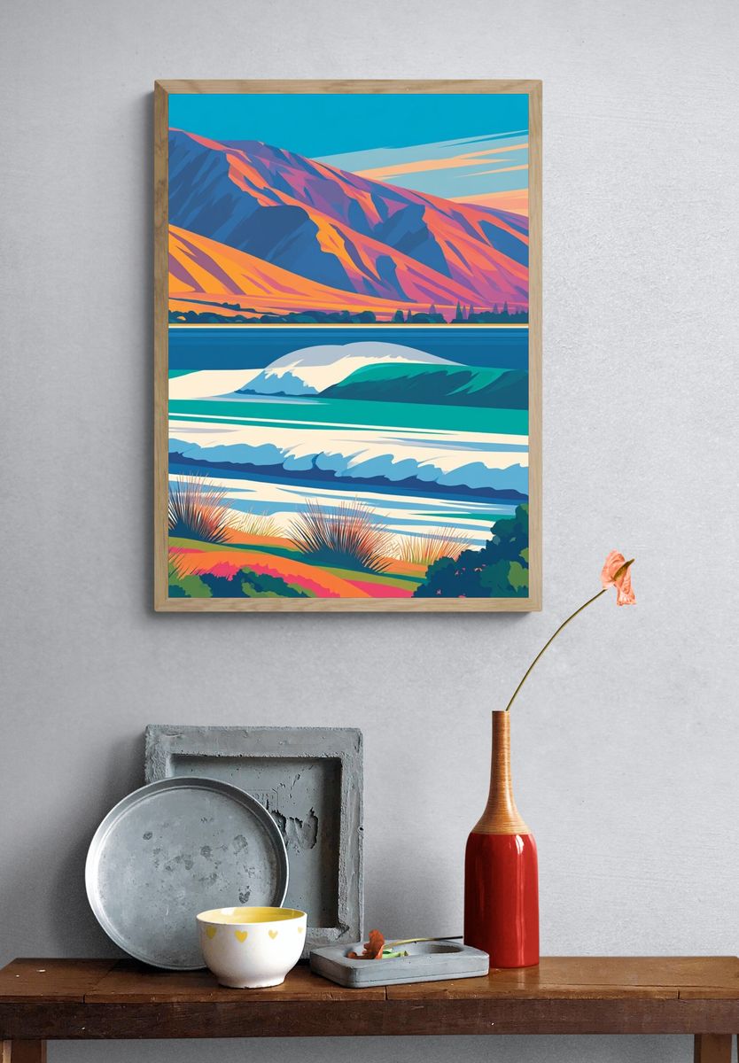 Colorful Coastal Landscape Illustration Poster. — room view 3