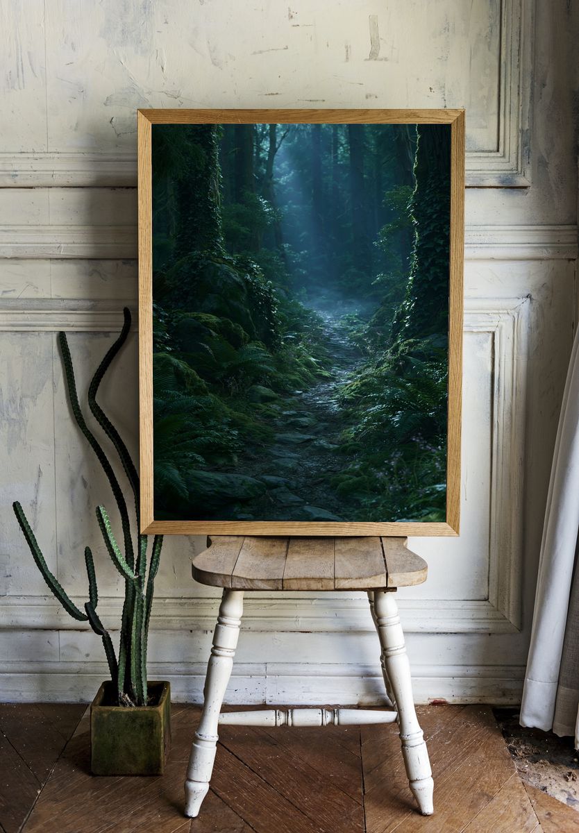 Misty Forest Path Photography Poster. room preview