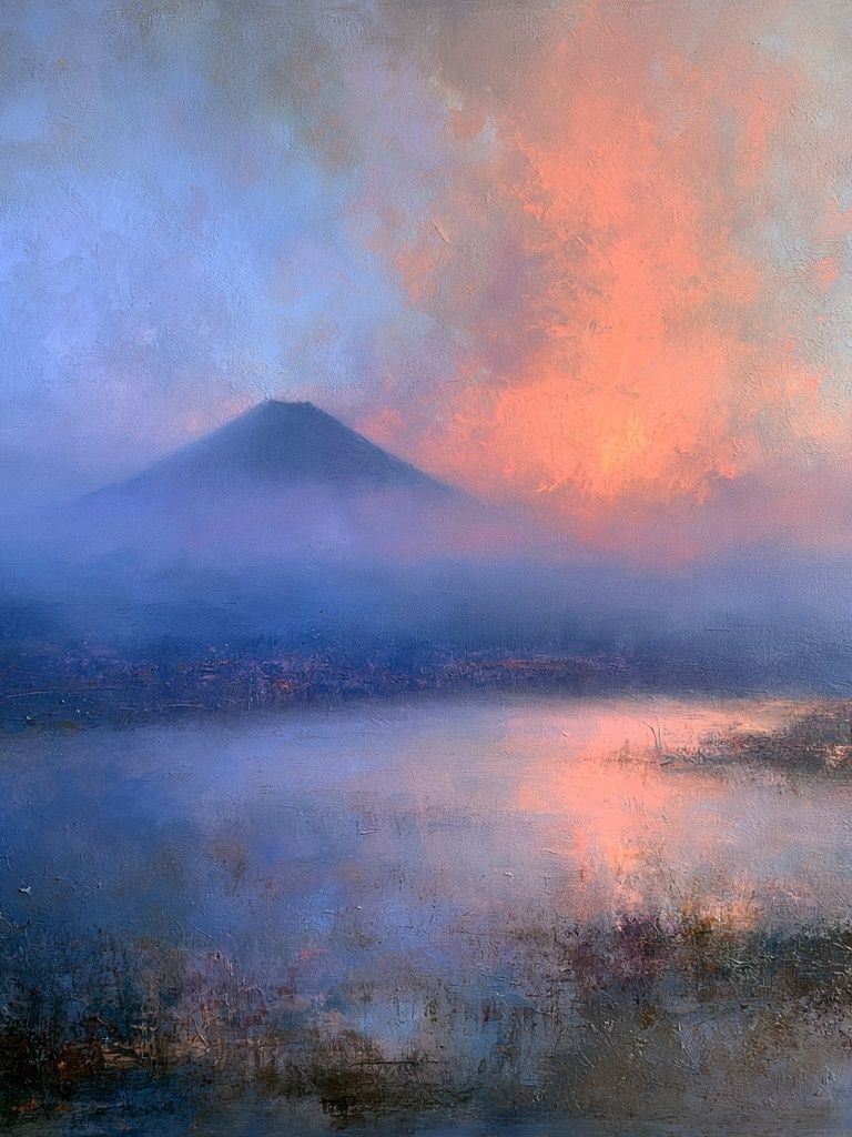 Misty Volcano Sunset Print. poster — nature art