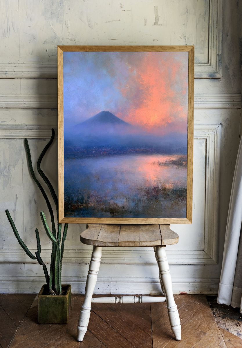 Misty Volcano Sunset Print. — room view 1