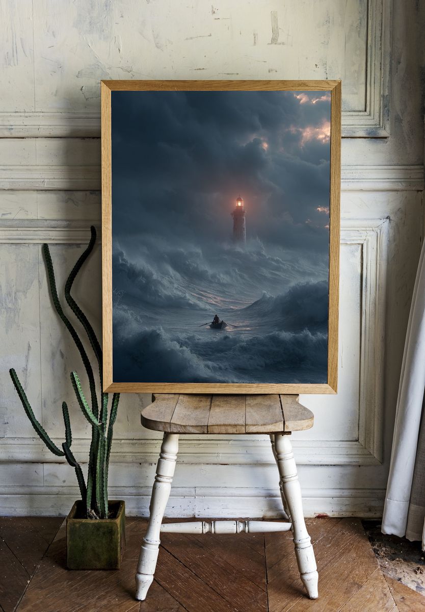 Stormy Lighthouse Sea Print. room preview