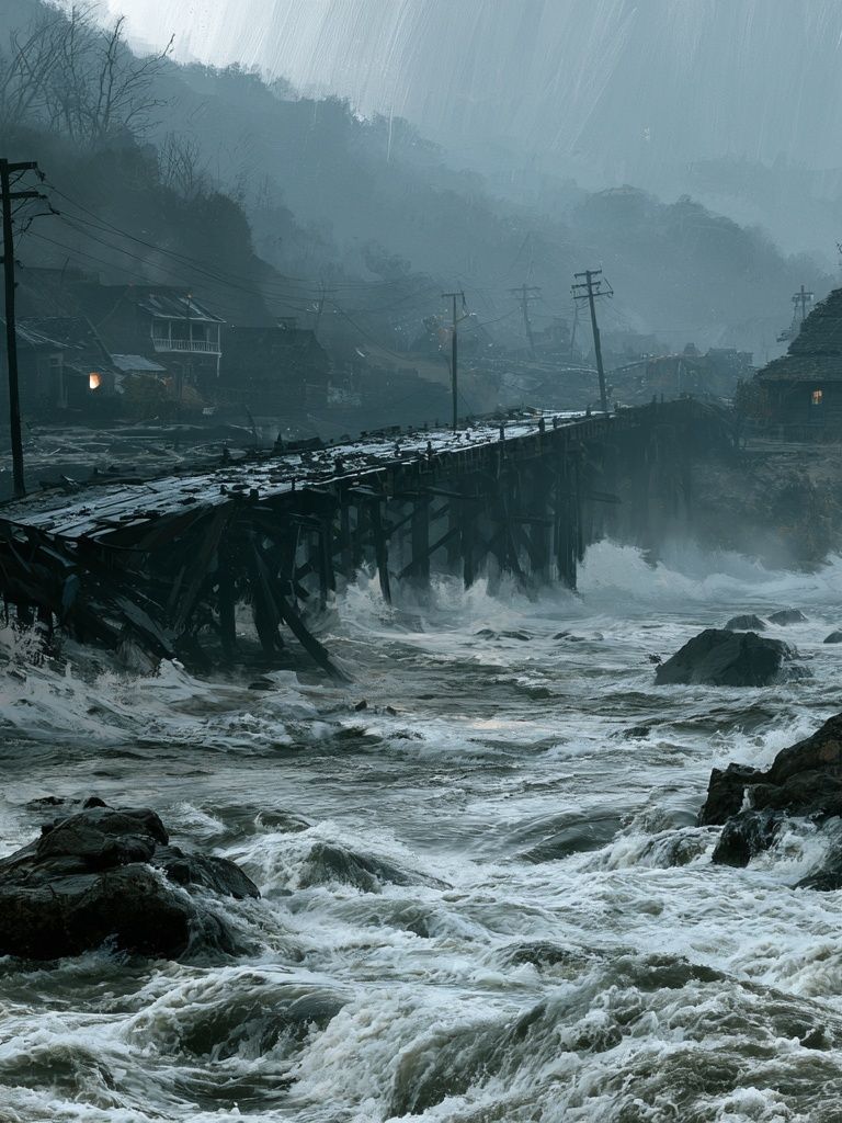 Stormy River Village Landscape Poster. poster detail