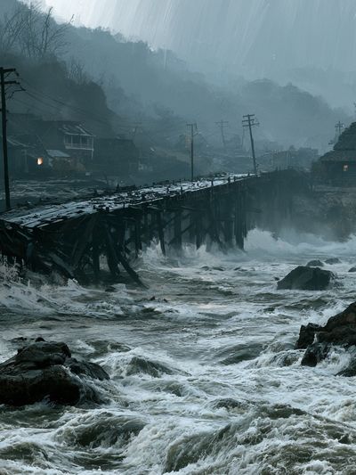 Stormy River Village Landscape Poster.