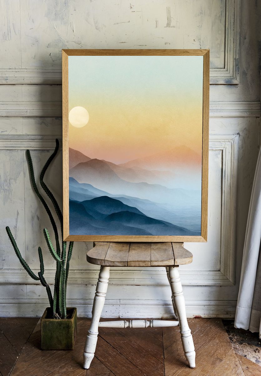 Misty Mountain Sunrise Print. — room view 1