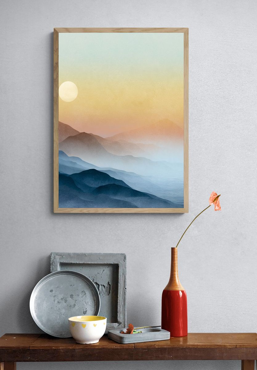 Misty Mountain Sunrise Print. — room view 3