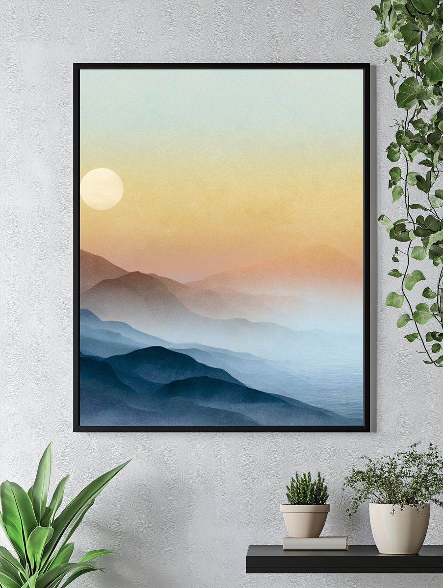 Misty Mountain Sunrise Print. — room view 4