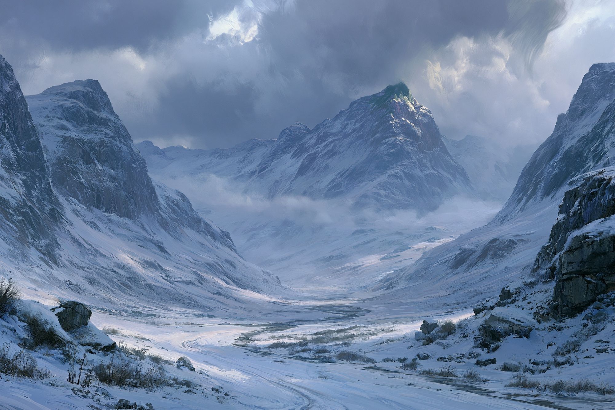 Snowy Mountain Valley Landscape Print. poster detail