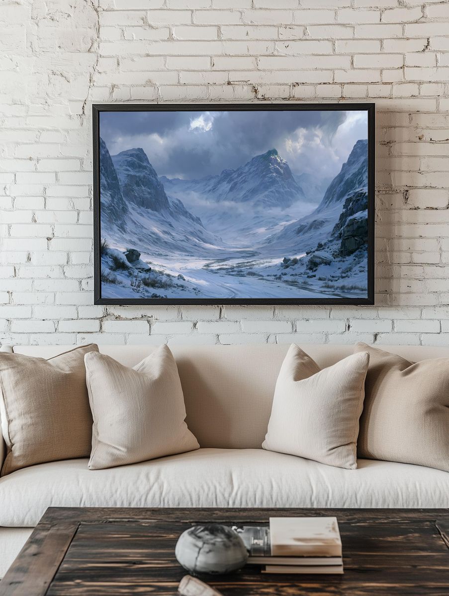 Snowy Mountain Valley Landscape Print. — room view 1