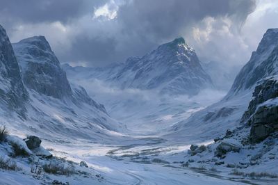 Snowy Mountain Valley Landscape Print.