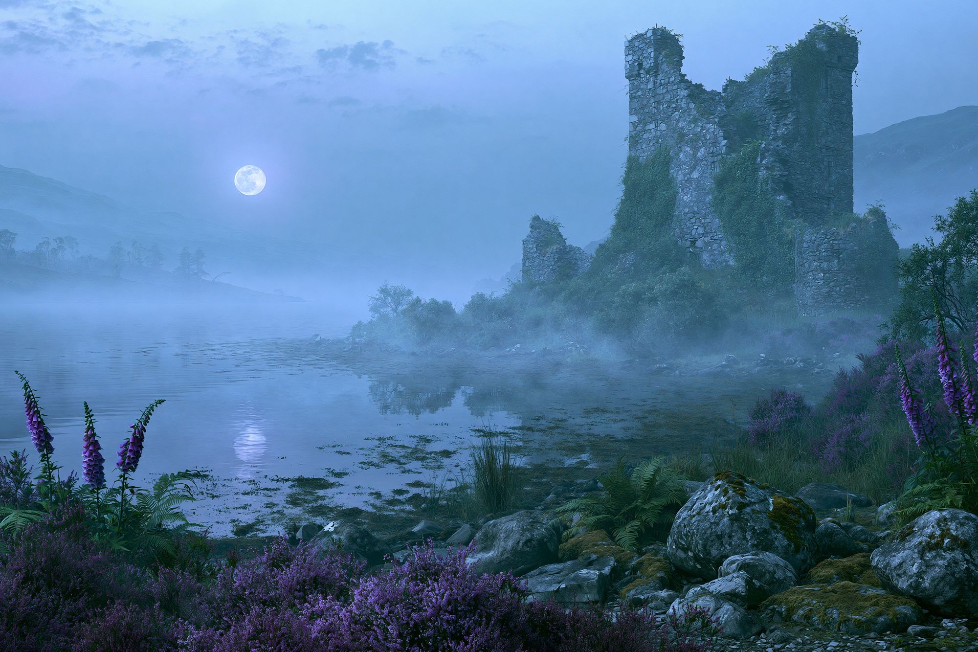 Moonlit Ruins Landscape Print. poster detail