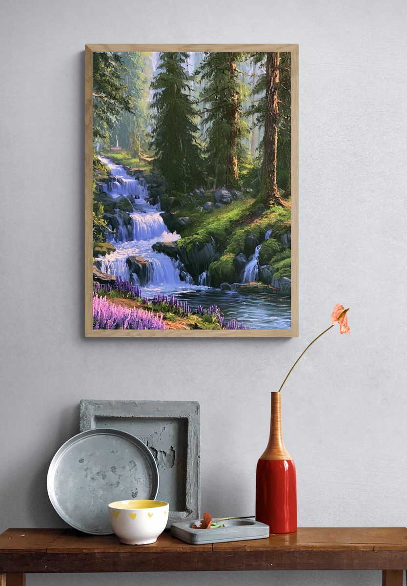 Enchanted Forest Waterfall Print. — room view 3