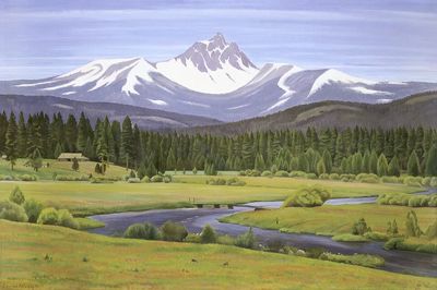 Snowy Mountain Valley Landscape Print. poster