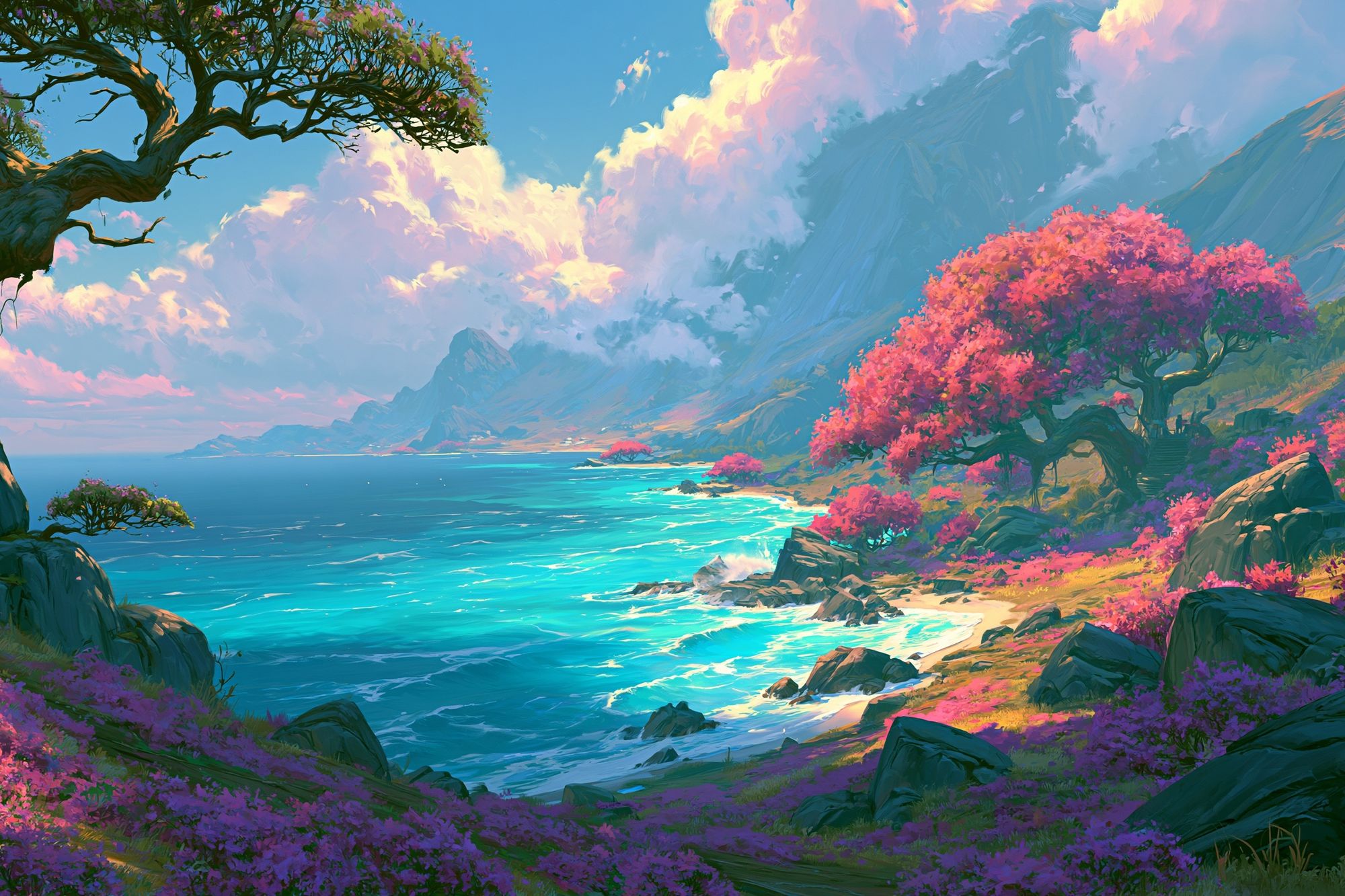 Dreamy Coastal Blossom Landscape Print. poster detail