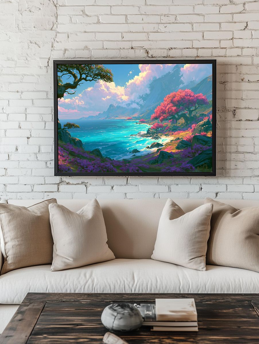 Dreamy Coastal Blossom Landscape Print. room preview