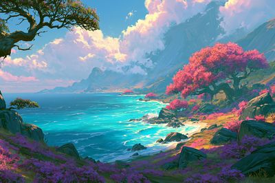 Dreamy Coastal Blossom Landscape Print. poster