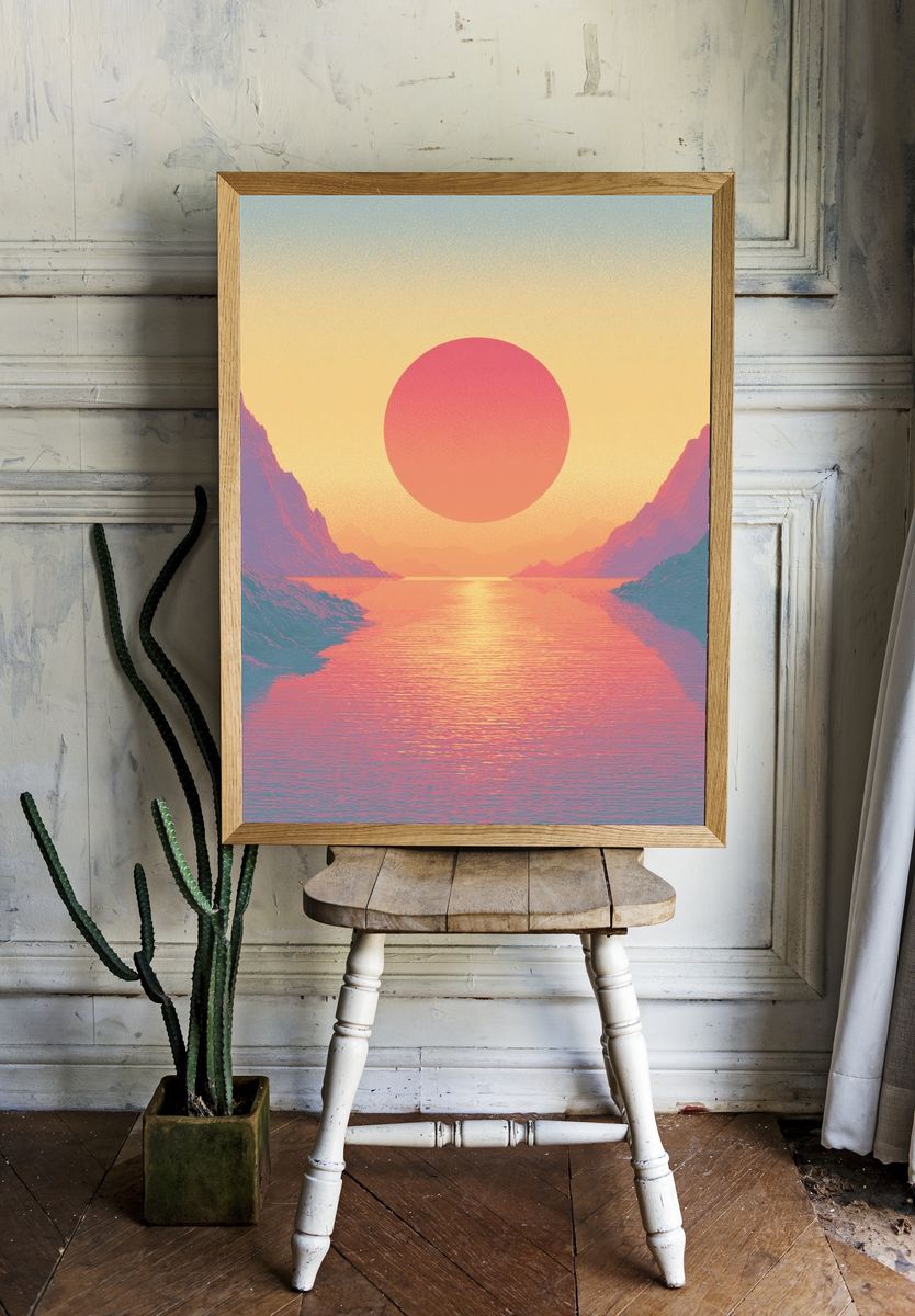 Pastel Sunset Fjord Landscape Print. — room view 1