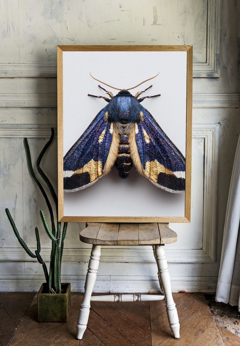 Blue and Gold Moth — Nature Print room preview