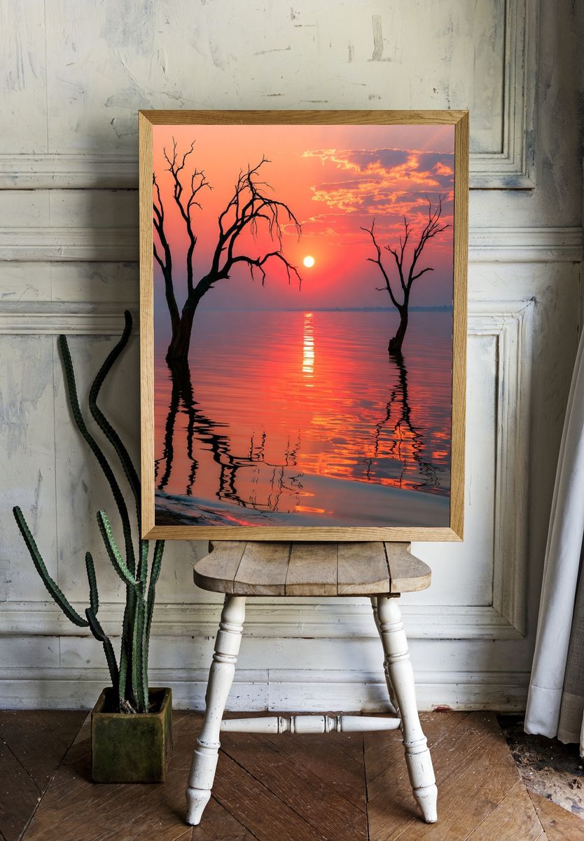 Sunset Lake Silhouettes Nature Print. — room view 1