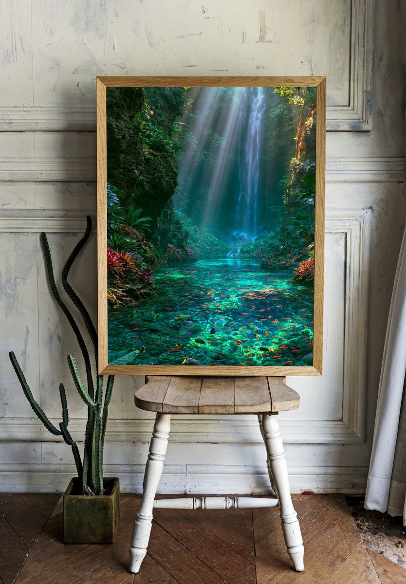 Tropical Waterfall Lagoon Poster. — room view 1