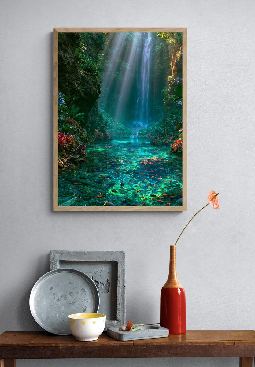 Tropical Waterfall Lagoon Poster. — room view 3