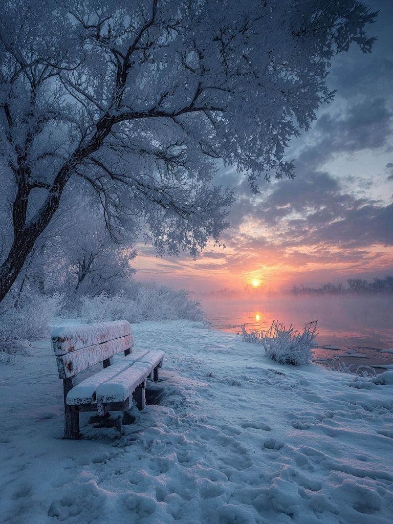 Winter Sunrise Lake Bench Poster. poster — nature art