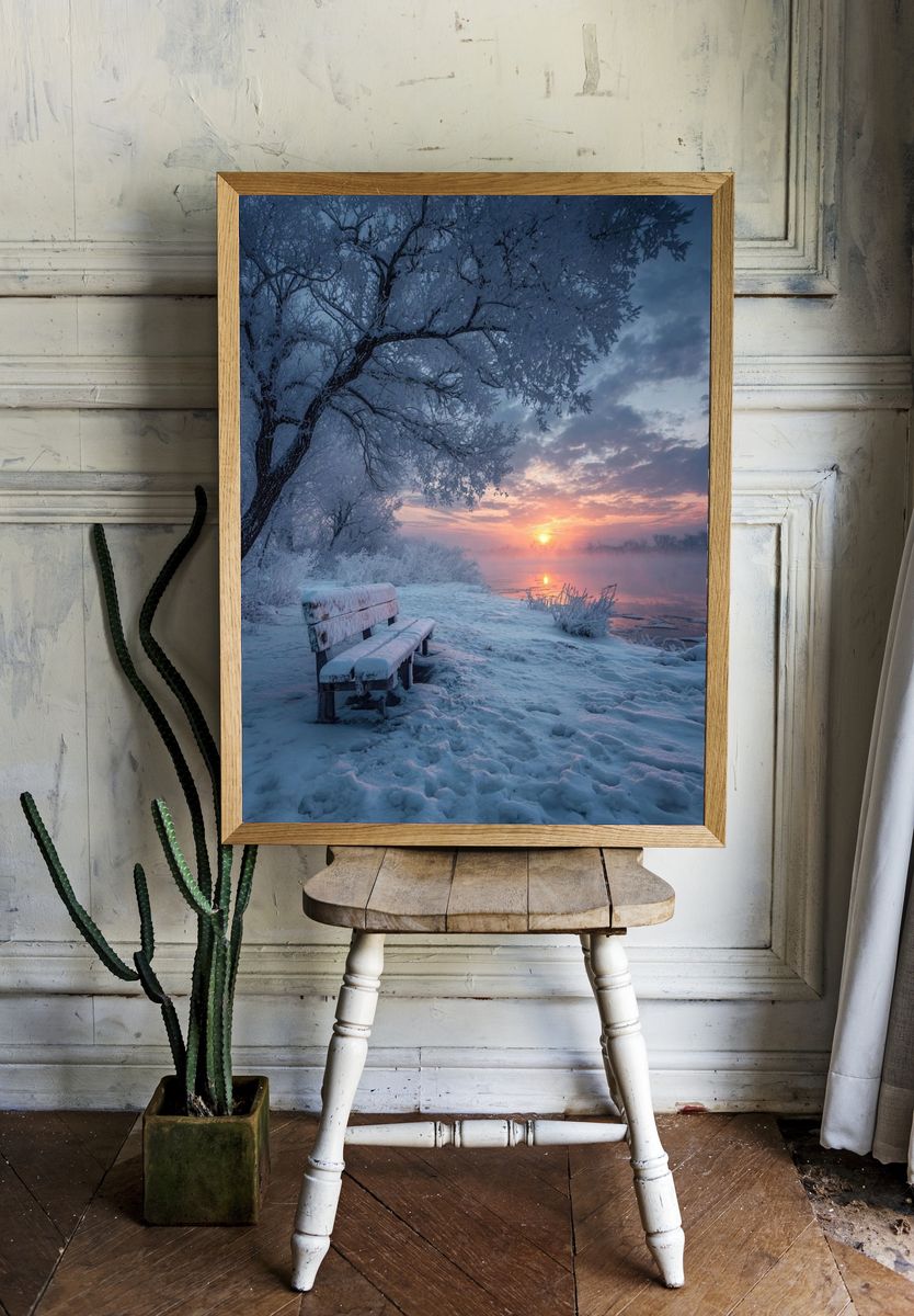 Winter Sunrise Lake Bench Poster. — room view 1