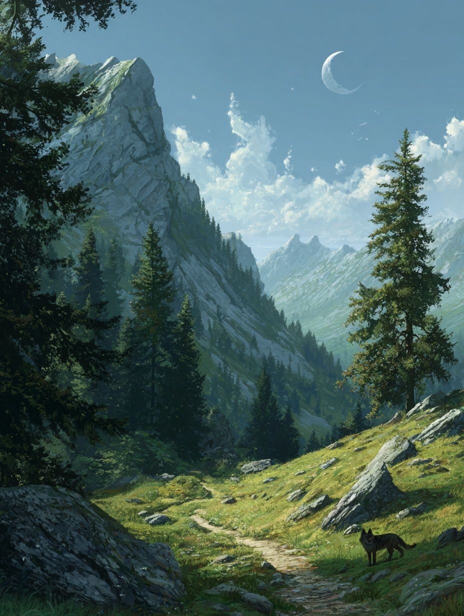 Moonlit Mountain Valley Illustration Poster. poster detail
