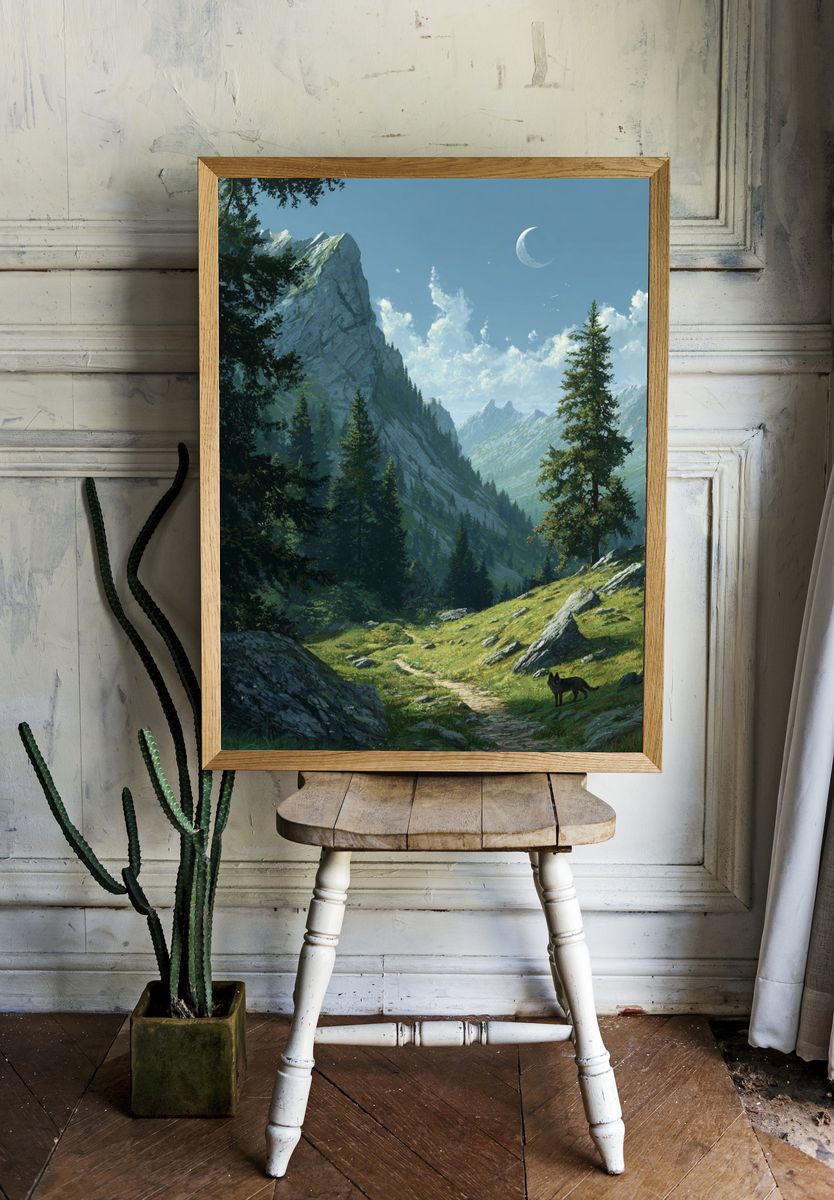 Moonlit Mountain Valley Illustration Poster. — room view 1