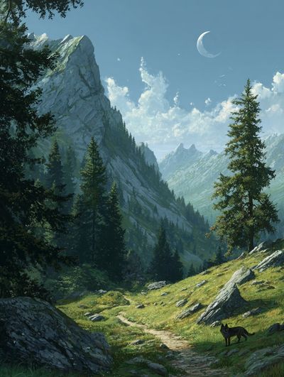Moonlit Mountain Valley Illustration Poster. poster