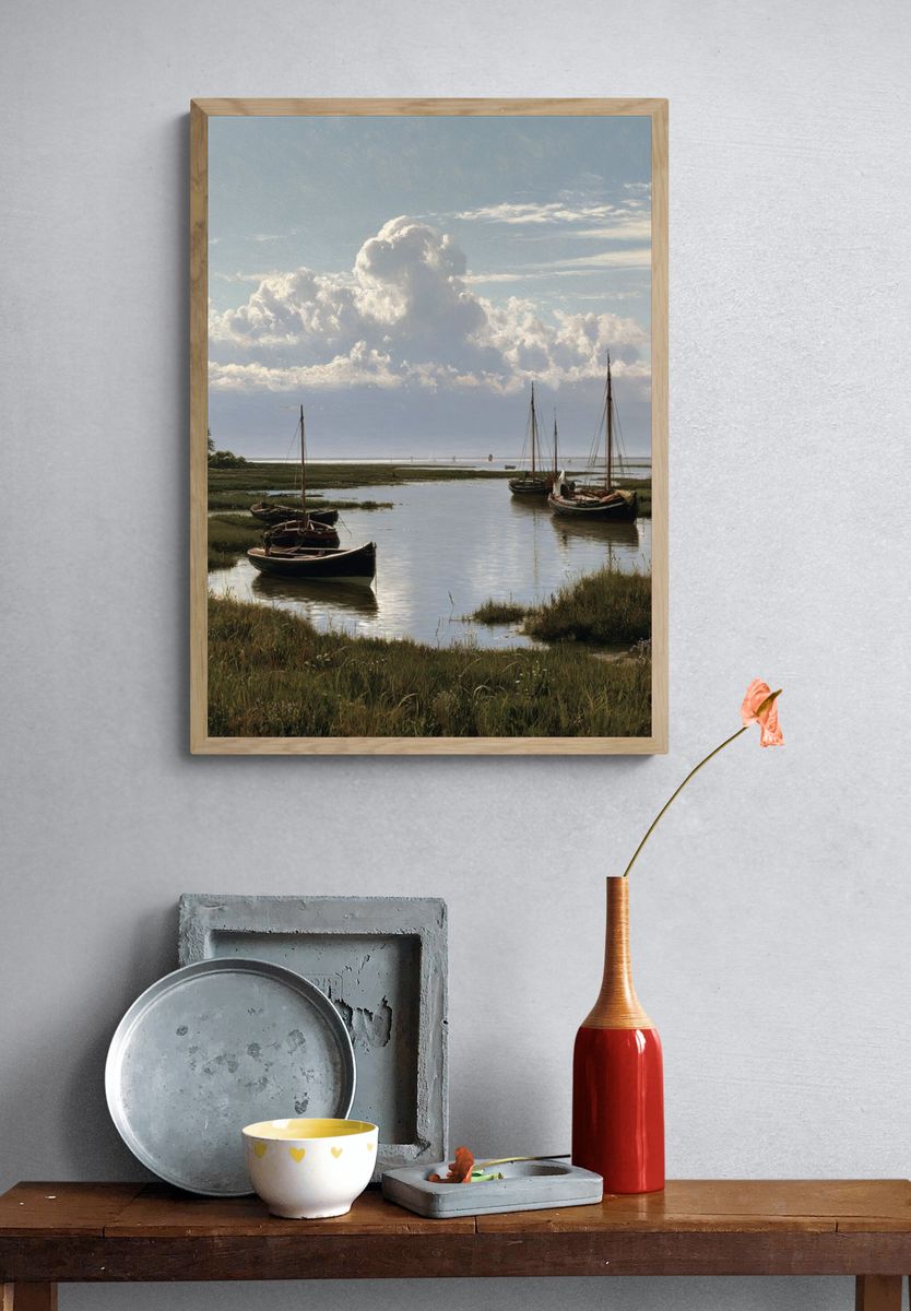Harbor Boats at Low Tide Print. — room view 3