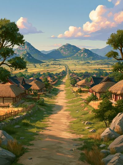 Mountain Village Landscape Print. poster