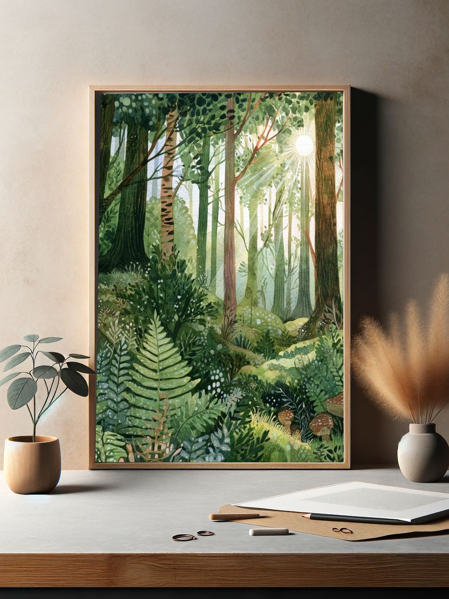 Sunlit Forest Watercolor Poster. — room view 2