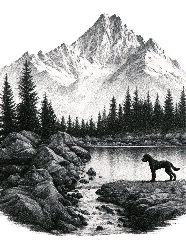 Mountain Lake with Dog Black-White Print. poster detail