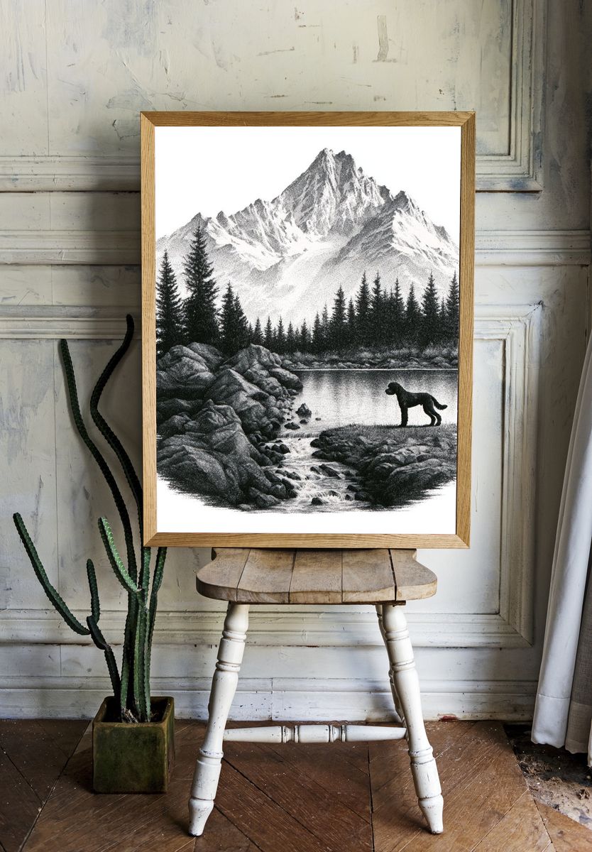 Mountain Lake with Dog Black-White Print. room preview