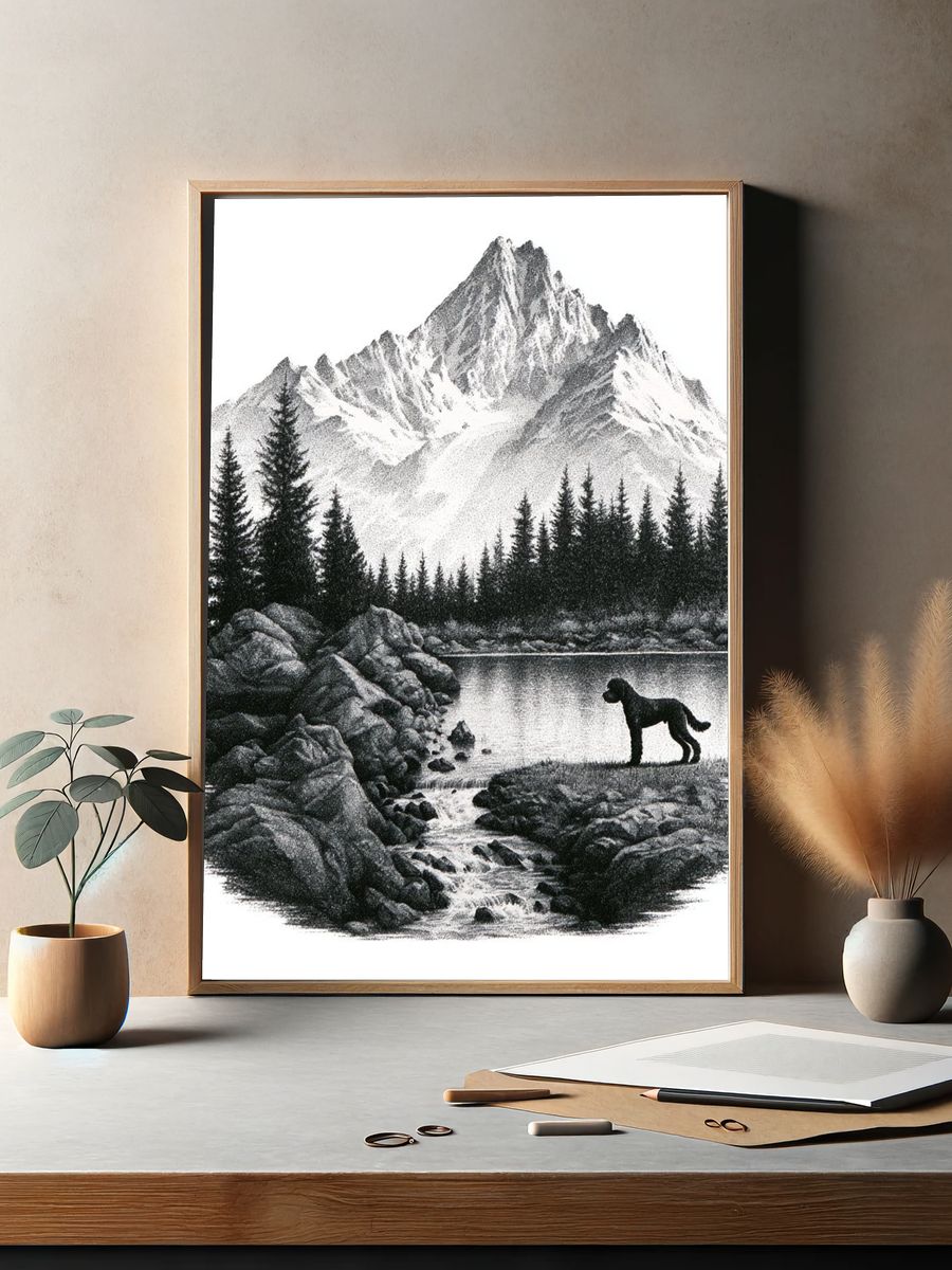 Mountain Lake with Dog Black-White Print. — room view 2