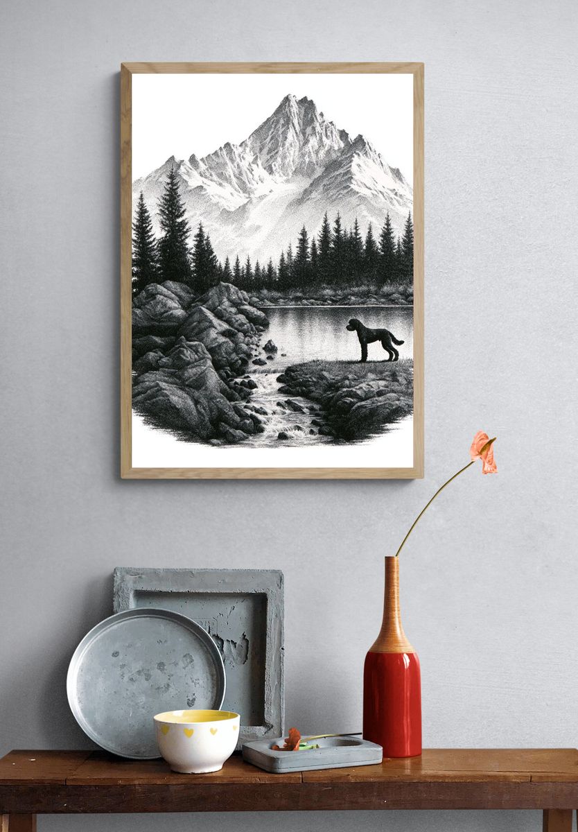 Mountain Lake with Dog Black-White Print. — room view 3