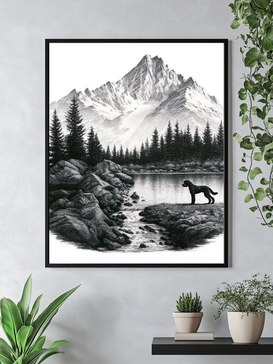 Mountain Lake with Dog Black-White Print. — room view 4