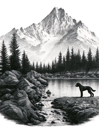 Mountain Lake with Dog Black-White Print. poster