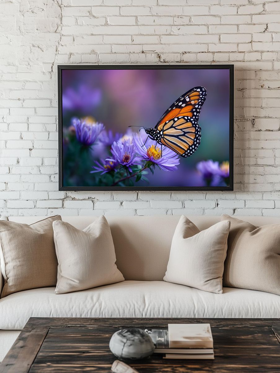 Monarch Butterfly on Purple Flowers — Nature Print. room preview